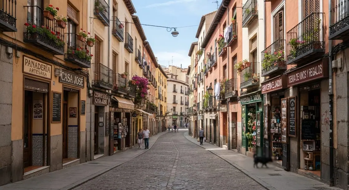 Calle peatonal empedrada de un casco antiguo, con balcones con flores, comercios de barrio y algunas personas paseando a lo lejos.