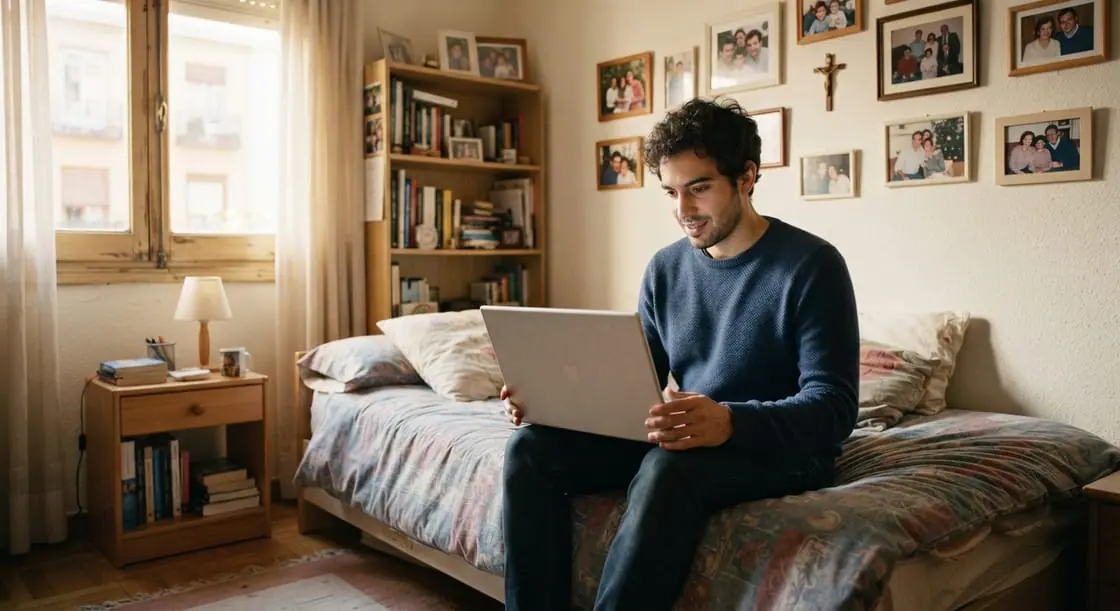 Un joven sentado en la cama de su habitación de siempre, con un portátil, rodeado de fotos familiares y estanterías con libros.