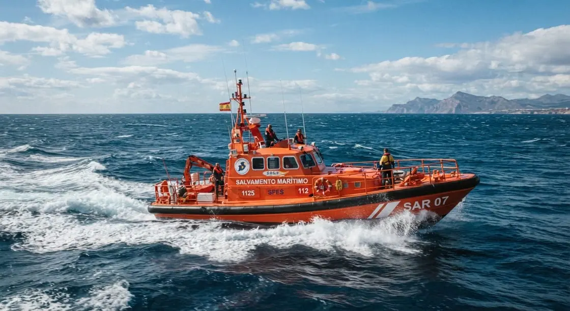 Embarcación naranja de Salvamento Marítimo navegando en mar abierto con la costa al fondo.