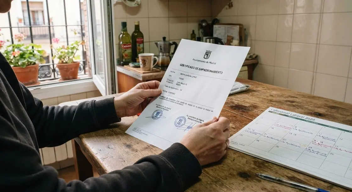 Una persona sostiene un certificado de empadronamiento en la mesa de una cocina, junto a un calendario.