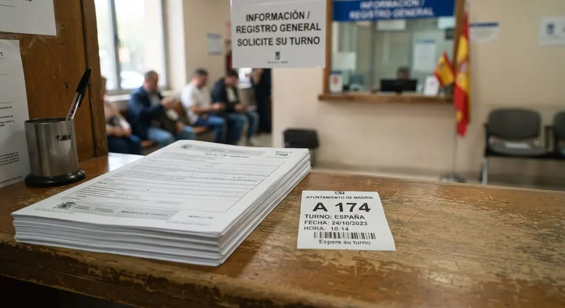 Mostrador de un registro público con un montón de impresos y un tique de turno; al fondo, personas esperando sentadas.
