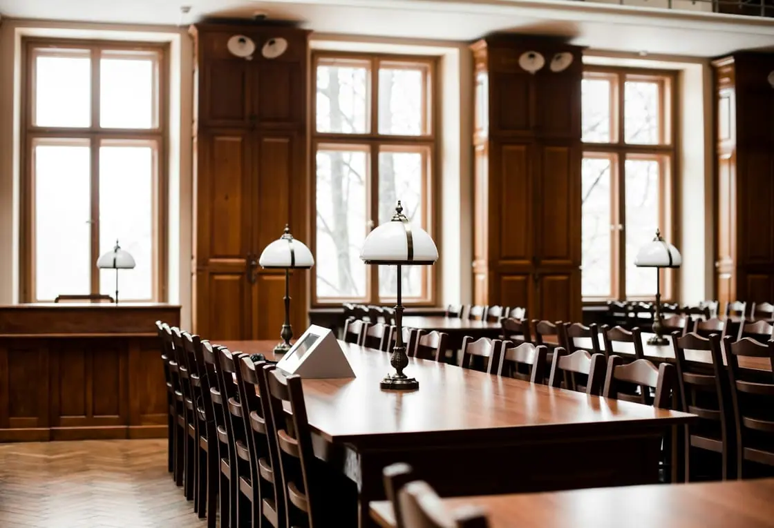 Una sala solemne con una gran mesa de madera, sillas alineadas y lámparas de mesa, iluminada por ventanales.