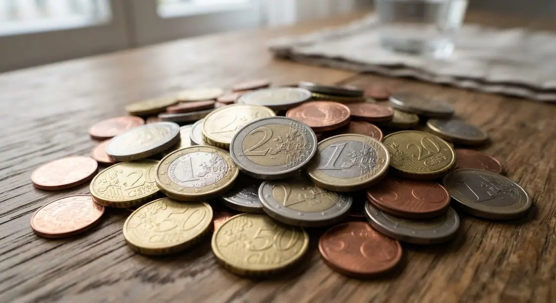 Monedas de euro amontonadas sobre una mesa de madera.