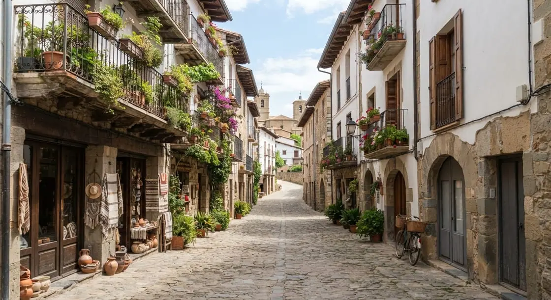 Calle empedrada de un pueblo con casas de piedra y balcones de madera llenos de flores.