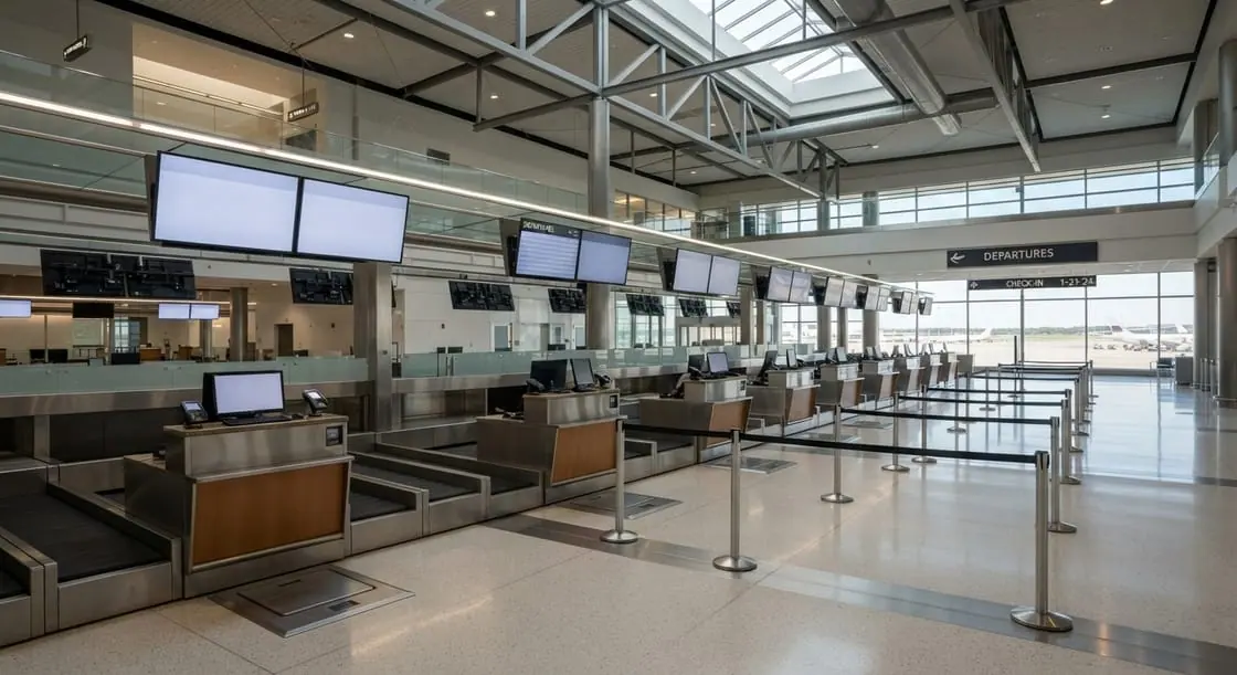 Zona de facturación de un aeropuerto, vacía, con mostradores, pantallas apagadas y cintas para ordenar las colas.