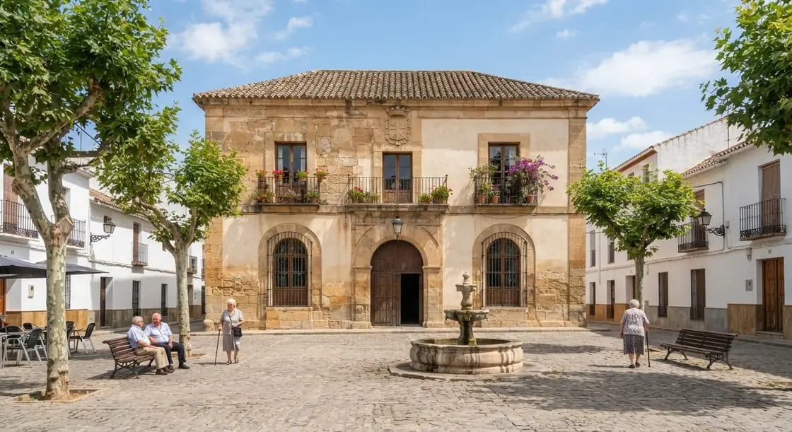 Plaza de un pueblo con el ayuntamiento de piedra al fondo, una fuente y vecinos sentados en bancos.