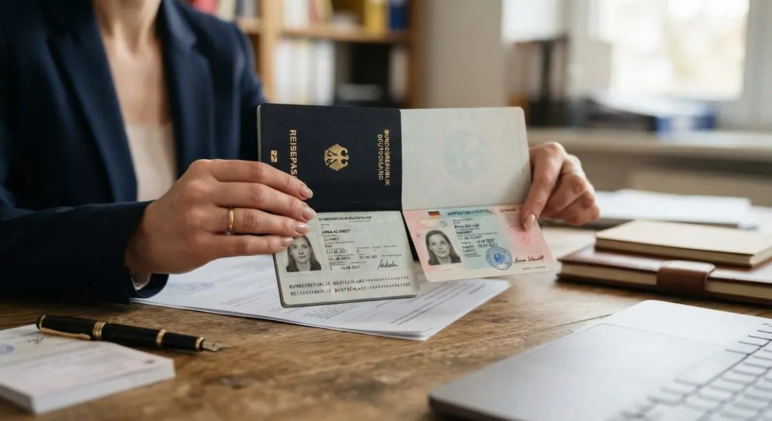 Manos sobre una mesa de despacho sosteniendo un pasaporte abierto y un documento de identidad junto a varios papeles.