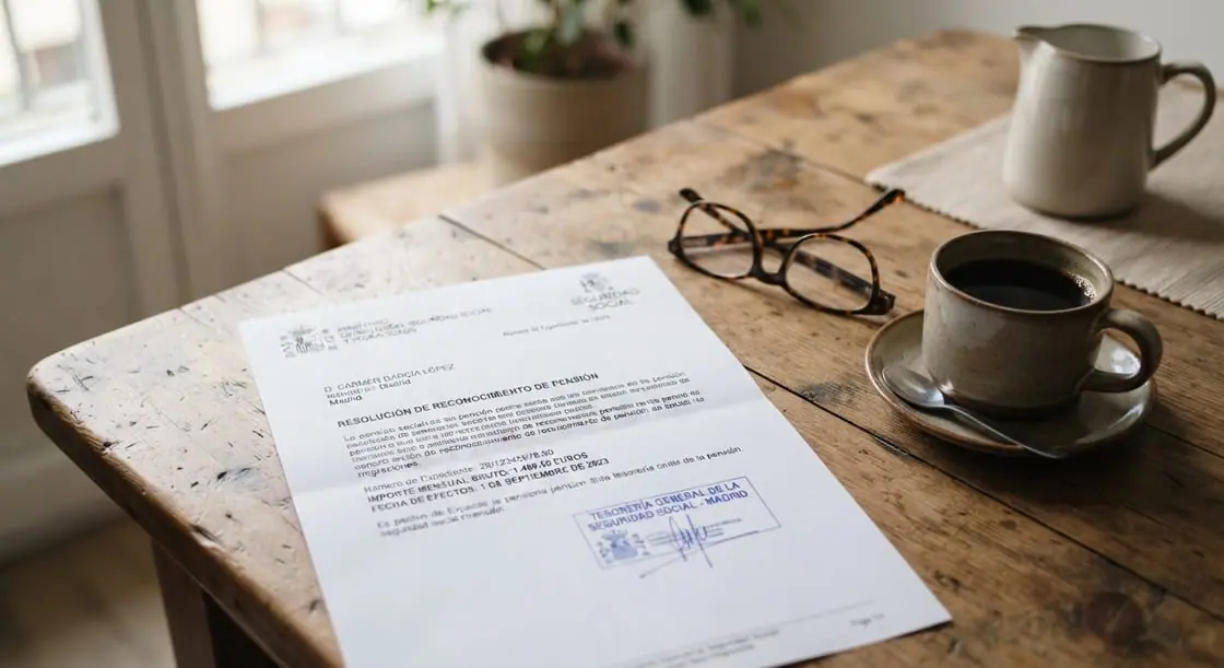 Una resolución de pensión sobre una mesa de madera, junto a unas gafas y una taza de café.