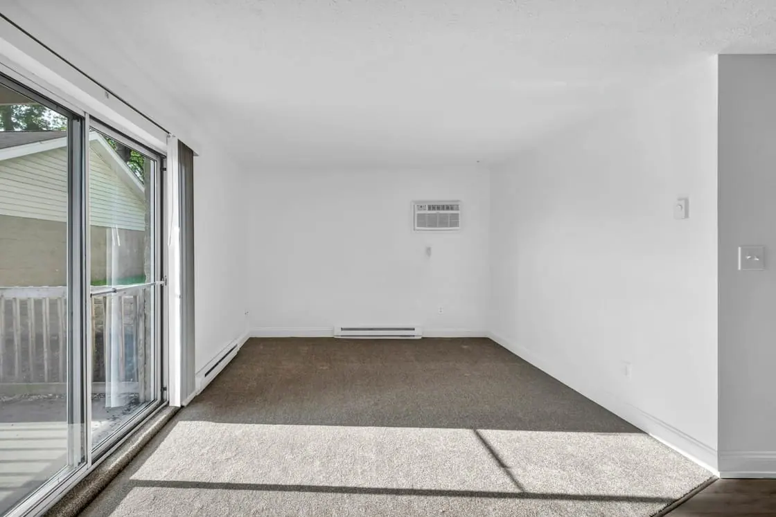 Una habitación vacía con paredes blancas, moqueta y una puerta de cristal por la que entra el sol.