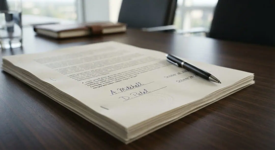 Un documento firmado sobre una mesa de reuniones, con un bolígrafo encima.