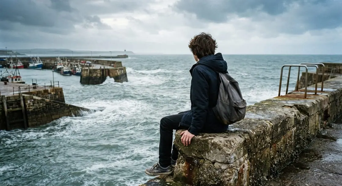 Joven de espaldas con una mochila, sentado en el muro de un puerto pesquero mirando el mar en un día nublado.
