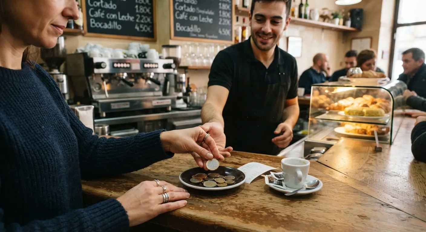 Una clienta deja unas monedas en un platillo sobre la barra de un bar mientras el camarero sonríe.