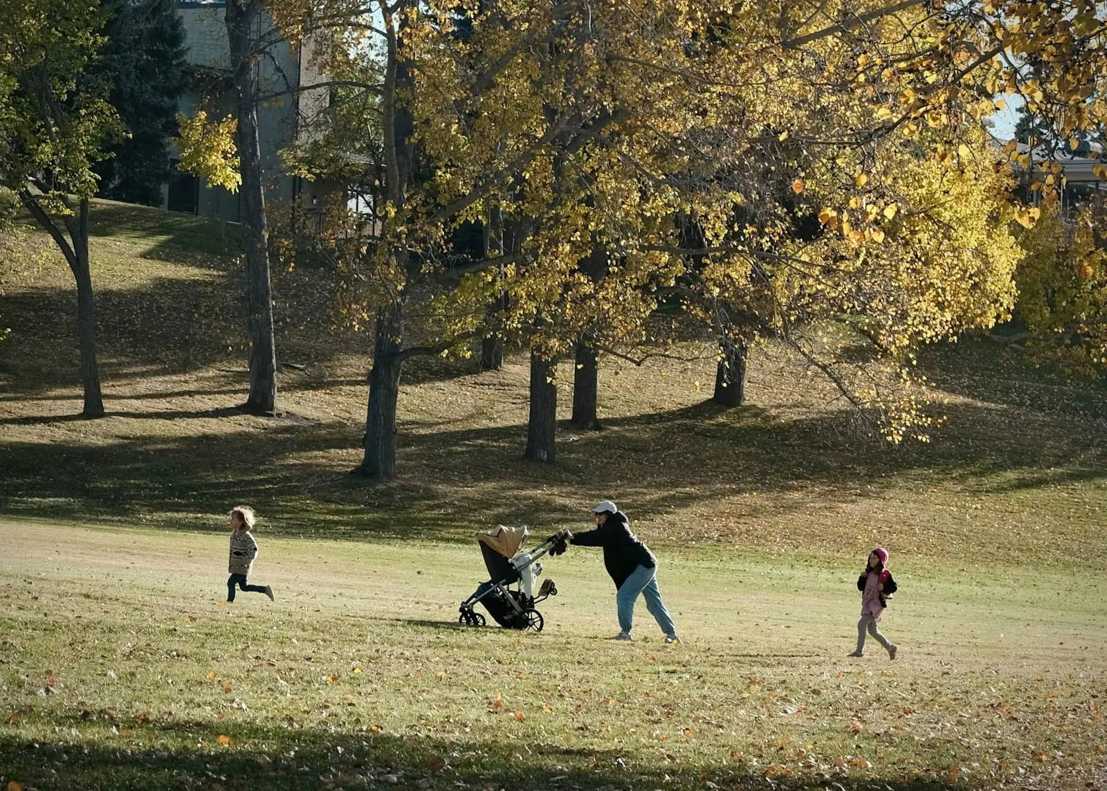 Una familia pasea con un carrito de bebé y dos niños que corren por la hierba de un parque en otoño.