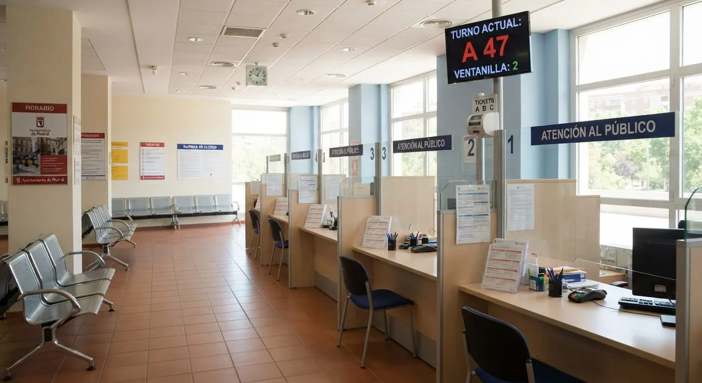 Sala de atención al público de una oficina de la administración, con ventanillas, sillas de espera vacías y una pantalla que indica el turno actual.